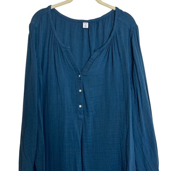 Old Navy Womens Plus Blouse 2X Teal Blue Peasant Tunic Crinkle Long Sleeve Boho - Picture 2 of 7
